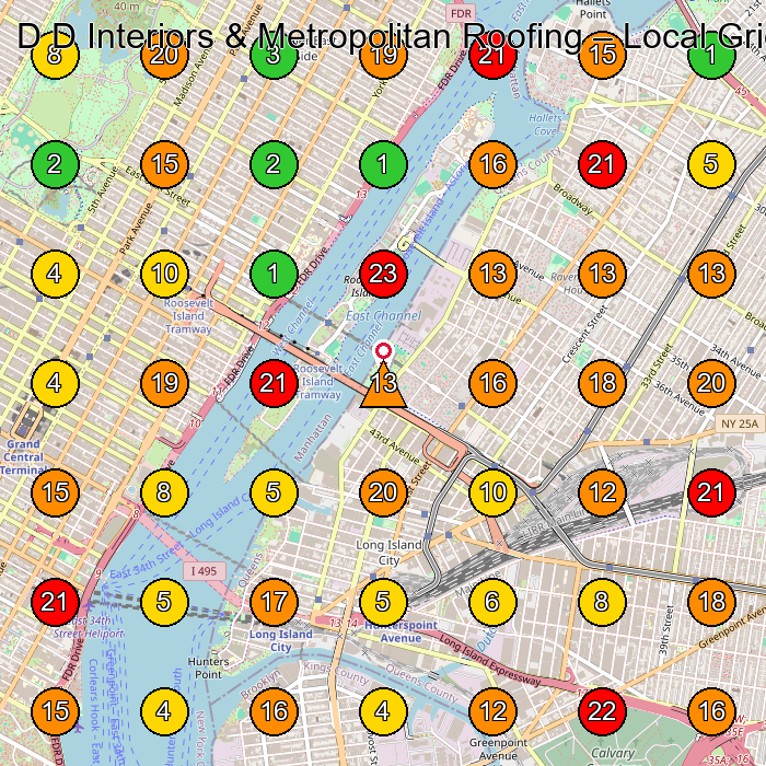 D D Interiors & Metropolitan Roofing Roofing Contractor GeoGrid ranking map for Long Island City NY